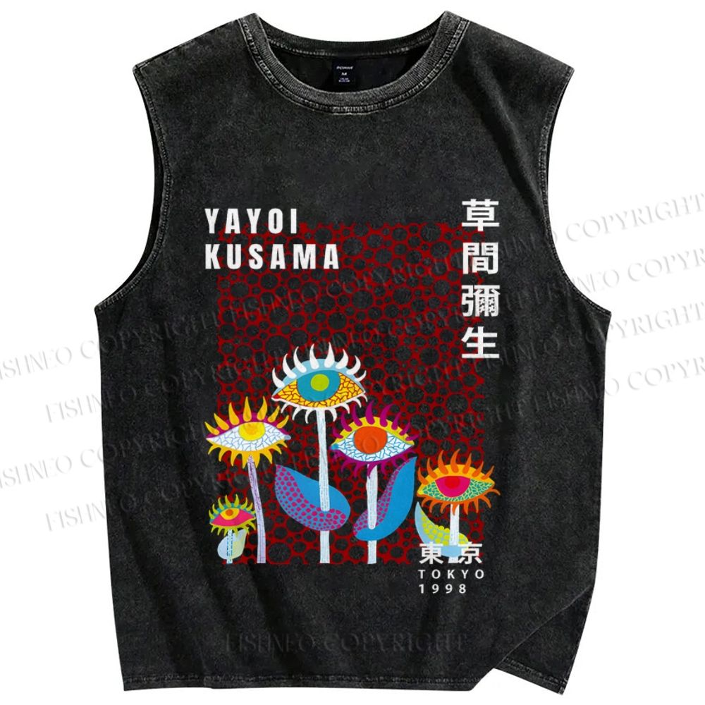 Unisex Yayoi Kusama Weird Eye Flowers Printed Washed Tank Top