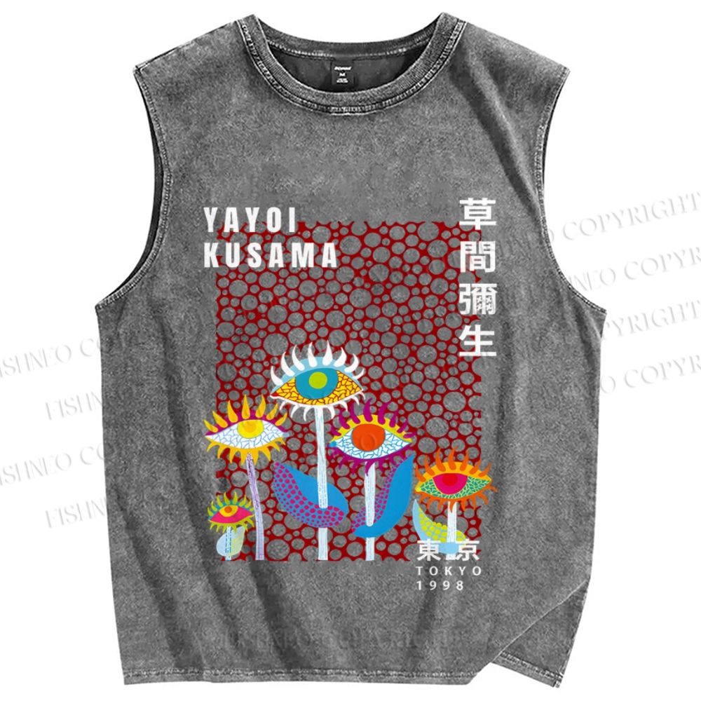 Unisex Yayoi Kusama Weird Eye Flowers Printed Washed Tank Top
