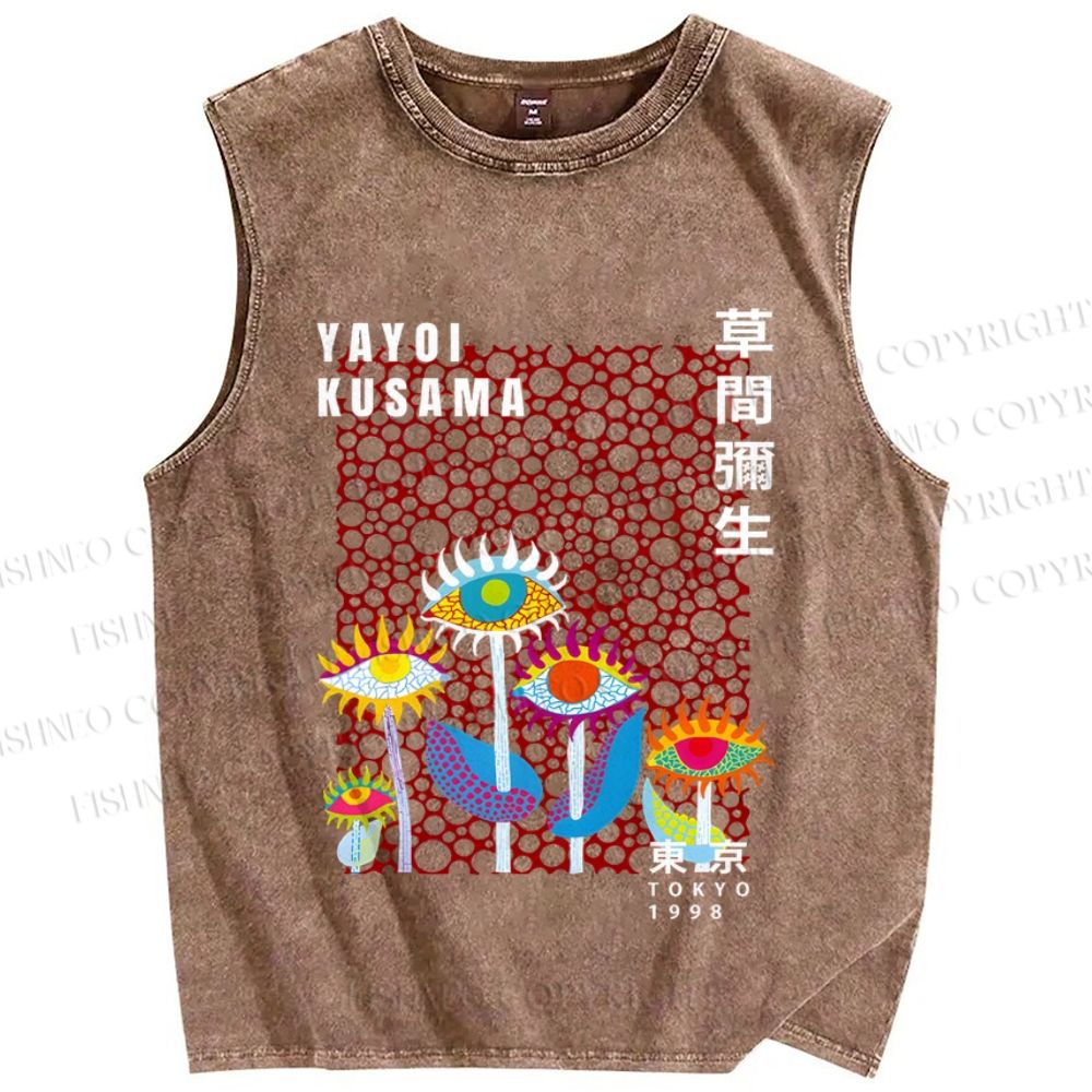 Unisex Yayoi Kusama Weird Eye Flowers Printed Washed Tank Top