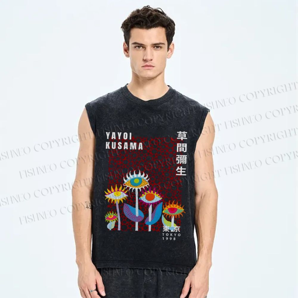 Unisex Yayoi Kusama Weird Eye Flowers Printed Washed Tank Top