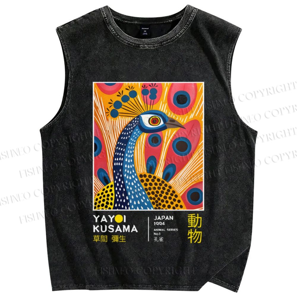 Unisex Yayoi Kusama Peacock Printed Washed Tank Top