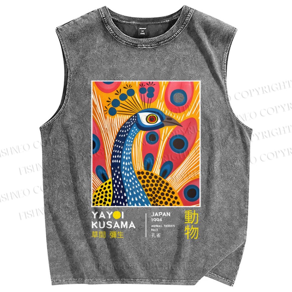 Unisex Yayoi Kusama Peacock Printed Washed Tank Top