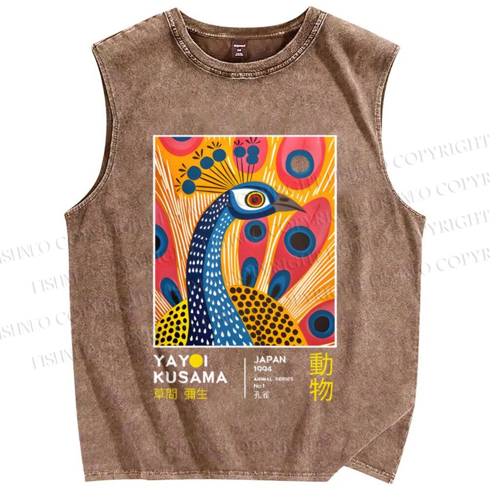 Unisex Yayoi Kusama Peacock Printed Washed Tank Top