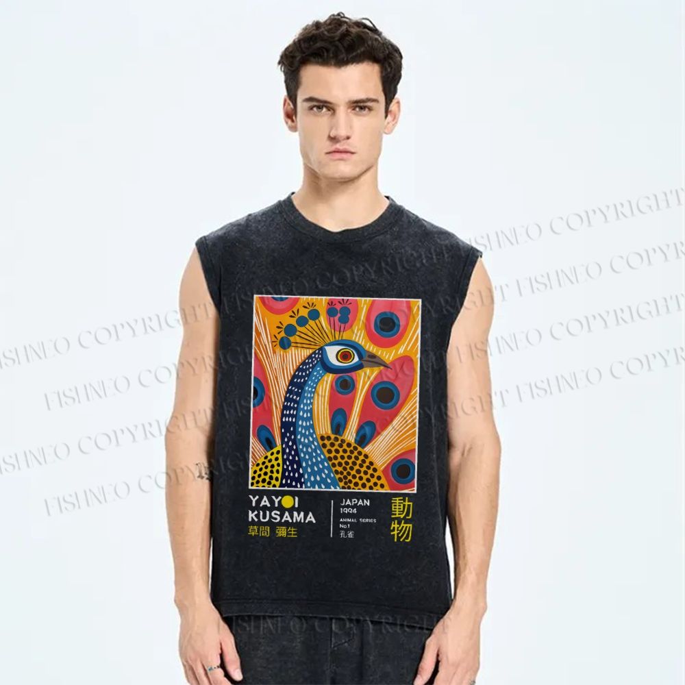 Unisex Yayoi Kusama Peacock Printed Washed Tank Top