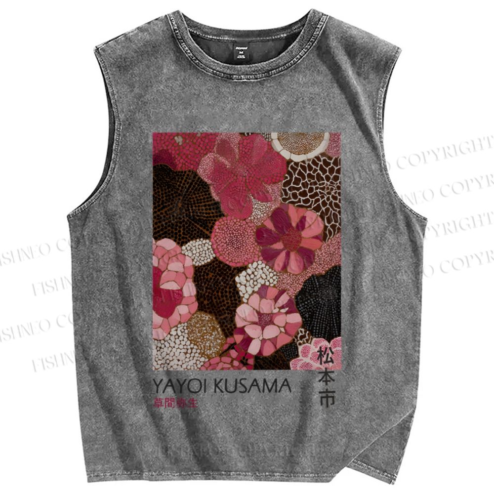 Unisex Yayoi Kusama Pink Flowers Printed Washed Tank Top