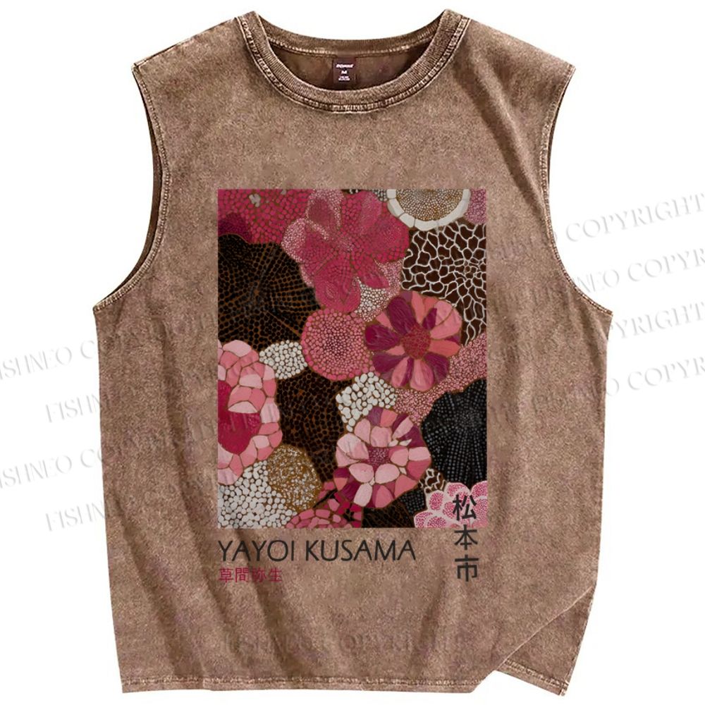 Unisex Yayoi Kusama Pink Flowers Printed Washed Tank Top
