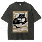 Unisex Black Cat Reading Book in Bed Printed Washed Tee