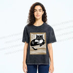 Unisex Black Cat Reading Book in Bed Printed Washed Tee