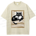 Unisex Black Cat Reading Book in Bed Printed Washed Tee