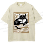 Unisex Black Cat Reading Book in Bed Printed Washed Tee