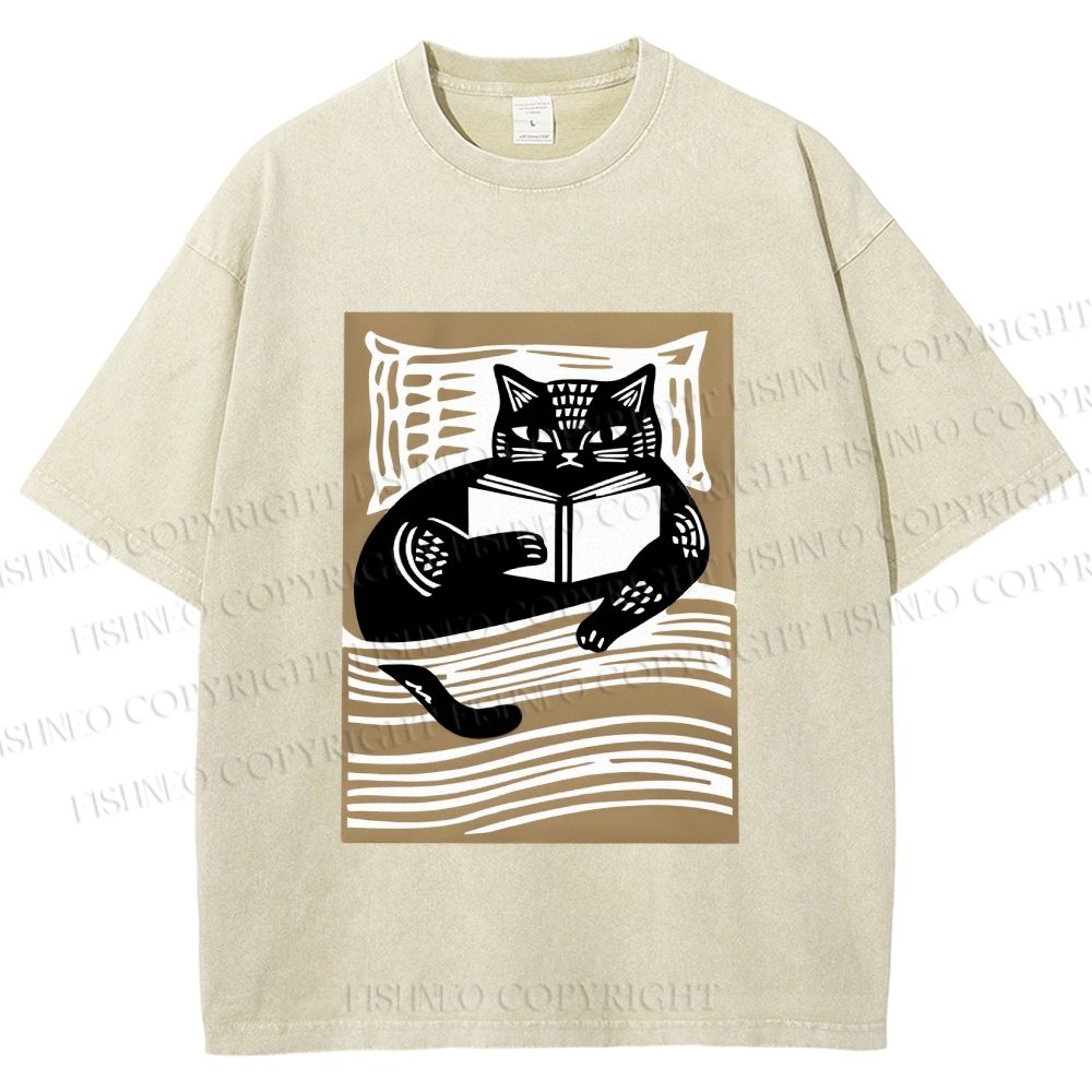 Unisex Black Cat Reading Book in Bed Printed Washed Tee