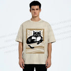 Unisex Black Cat Reading Book in Bed Printed Washed Tee