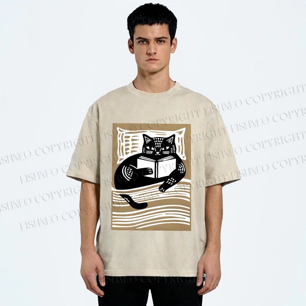 Unisex Black Cat Reading Book in Bed Printed Washed Tee