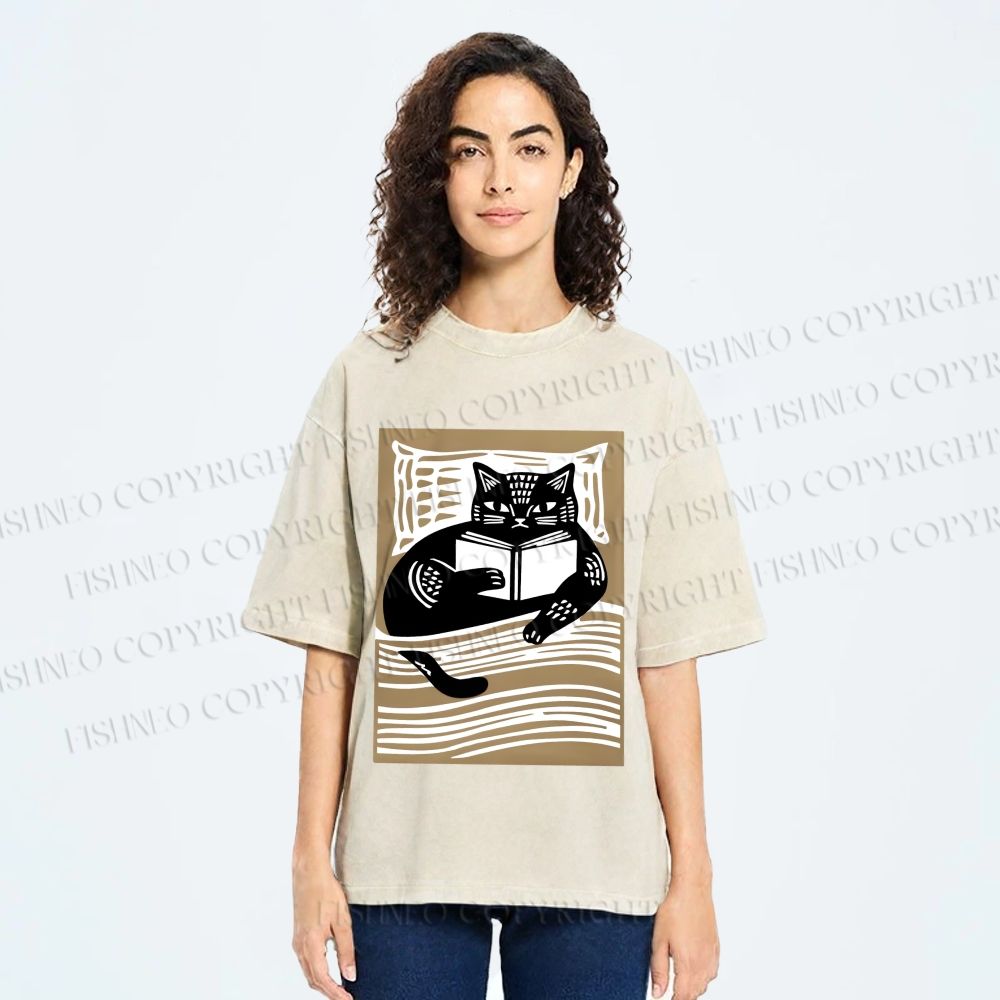 Unisex Black Cat Reading Book in Bed Printed Washed Tee