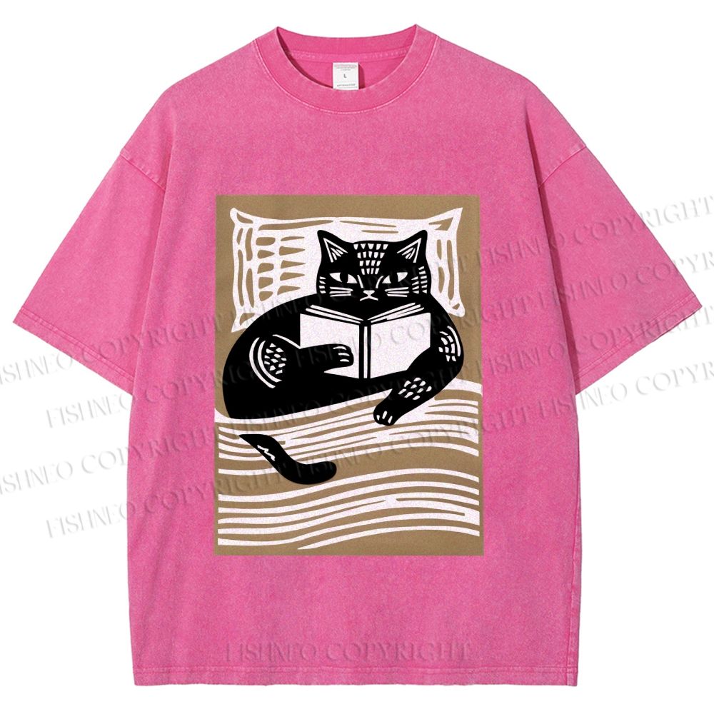 Unisex Black Cat Reading Book in Bed Printed Washed Tee