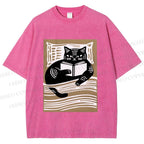 Unisex Black Cat Reading Book in Bed Printed Washed Tee