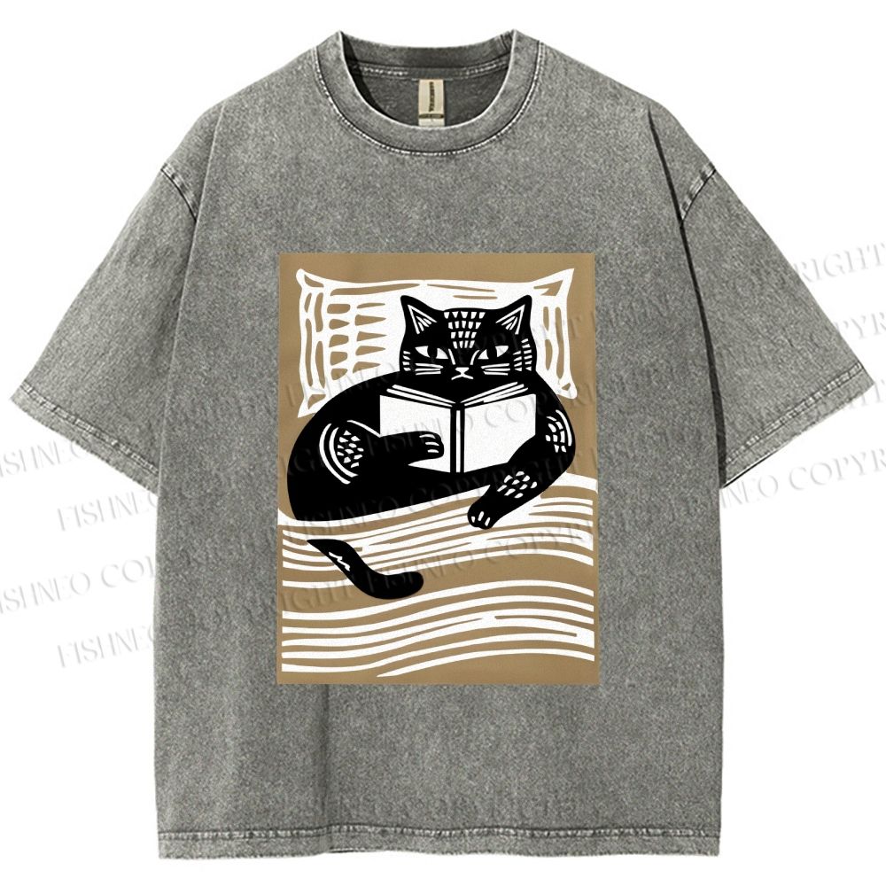 Unisex Black Cat Reading Book in Bed Printed Washed Tee