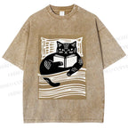Unisex Black Cat Reading Book in Bed Printed Washed Tee