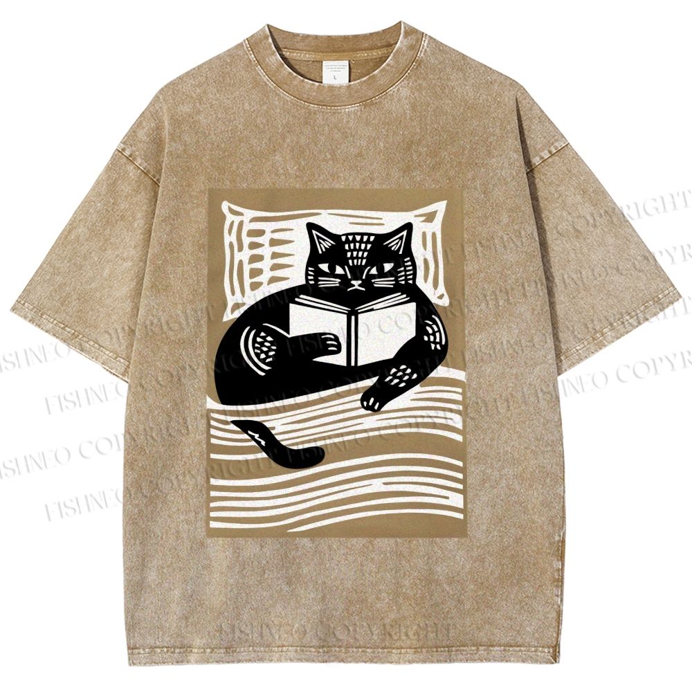 Unisex Black Cat Reading Book in Bed Printed Washed Tee