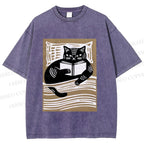 Unisex Black Cat Reading Book in Bed Printed Washed Tee