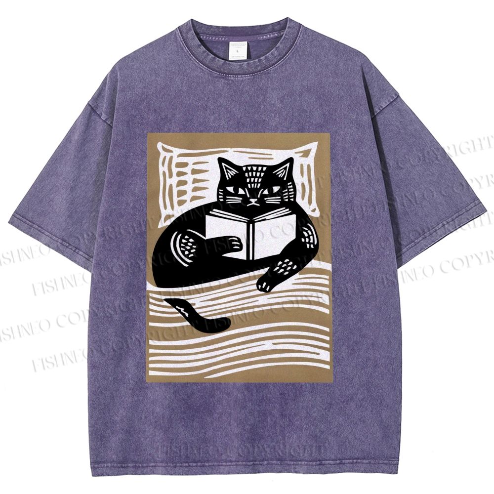 Unisex Black Cat Reading Book in Bed Printed Washed Tee