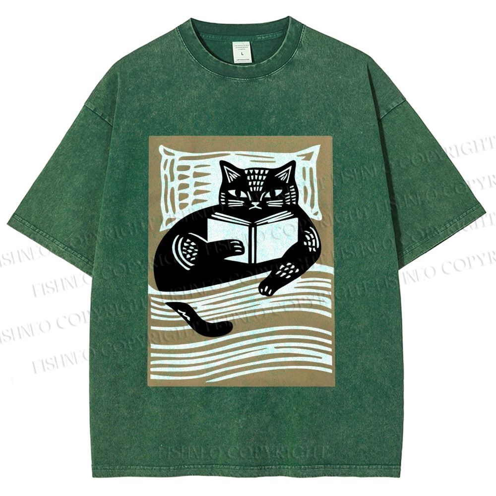 Unisex Black Cat Reading Book in Bed Printed Washed Tee