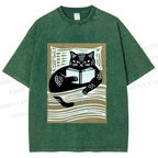 Unisex Black Cat Reading Book in Bed Printed Washed Tee
