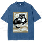 Unisex Black Cat Reading Book in Bed Printed Washed Tee