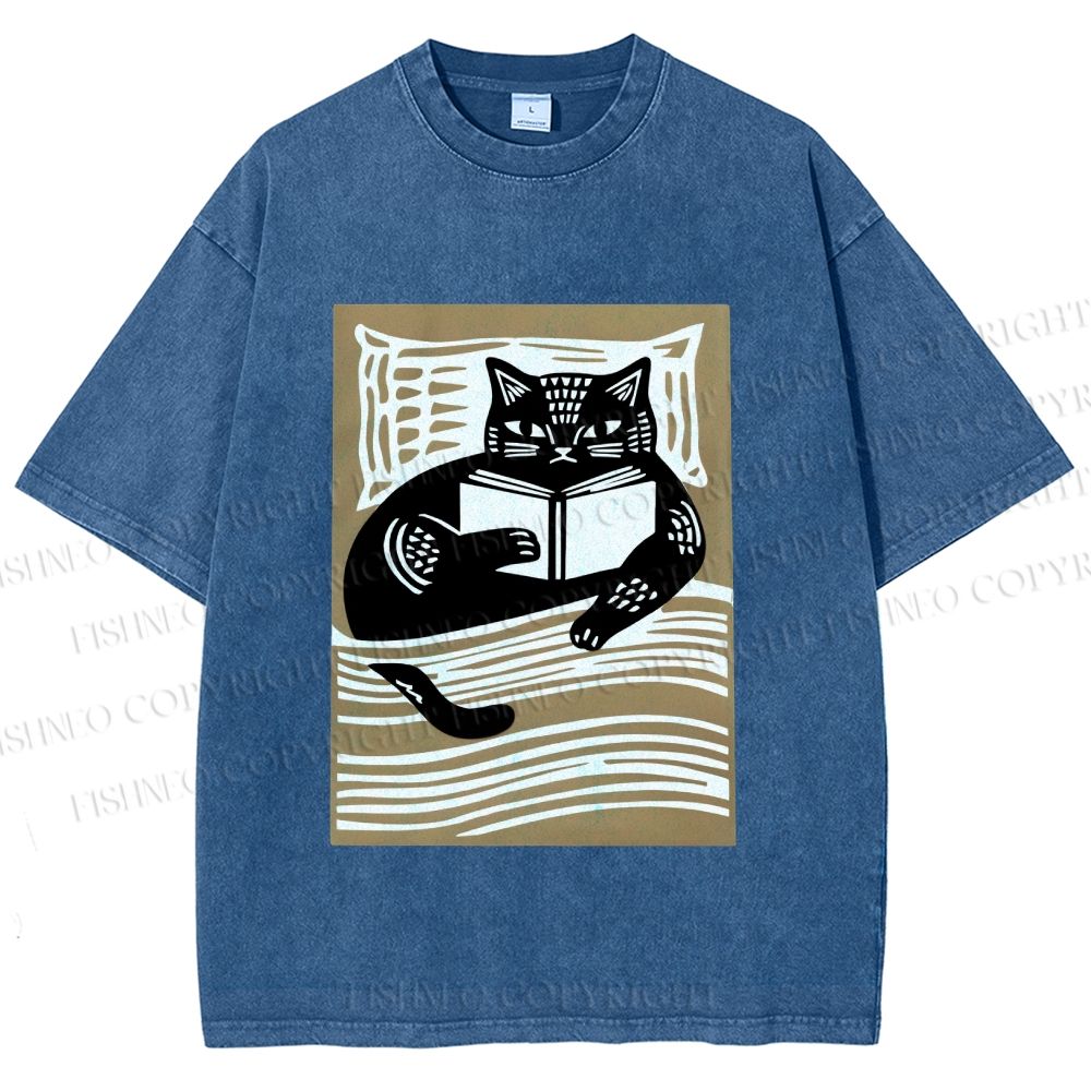Unisex Black Cat Reading Book in Bed Printed Washed Tee