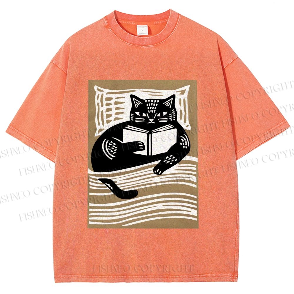 Unisex Black Cat Reading Book in Bed Printed Washed Tee