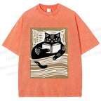 Unisex Black Cat Reading Book in Bed Printed Washed Tee
