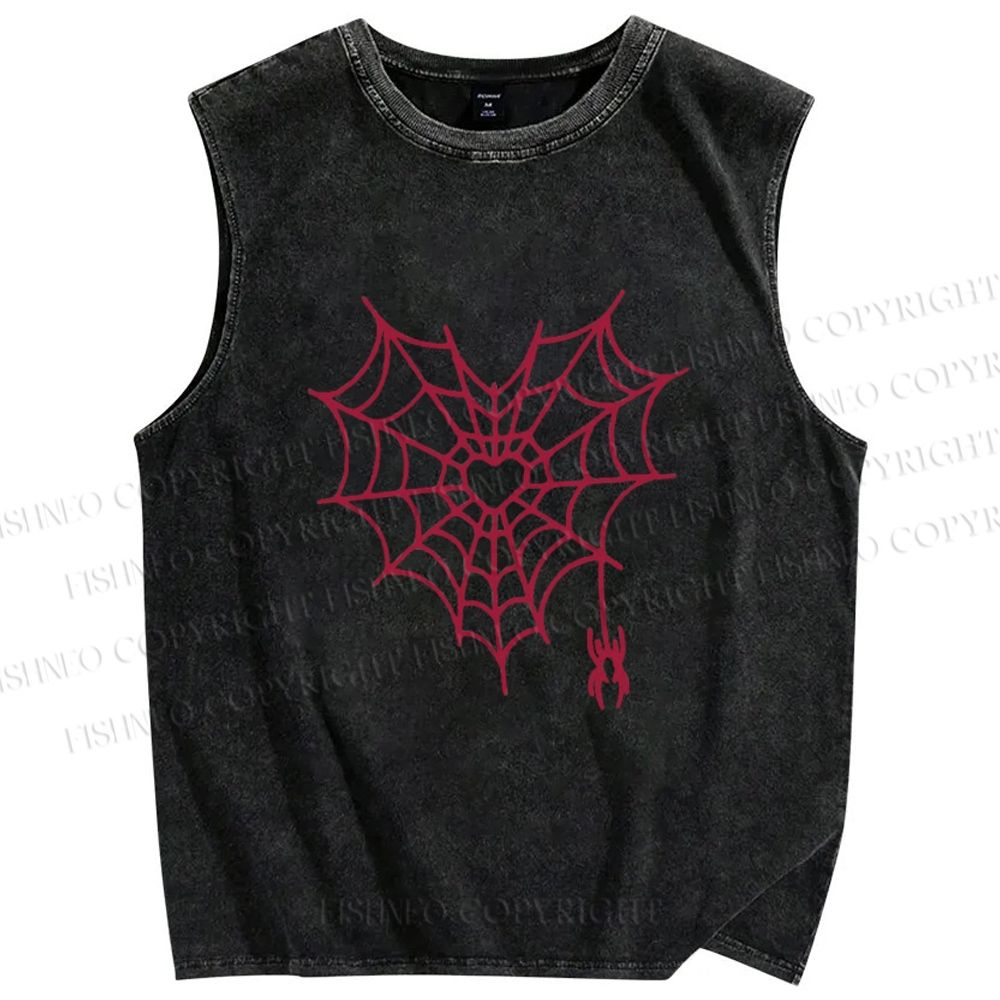 Unisex Heart Spiderweb Printed Washed Tank Top