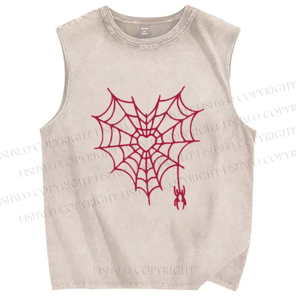 Unisex Heart Spiderweb Printed Washed Tank Top