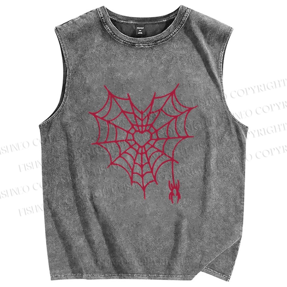 Unisex Heart Spiderweb Printed Washed Tank Top