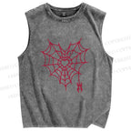 Unisex Heart Spiderweb Printed Washed Tank Top
