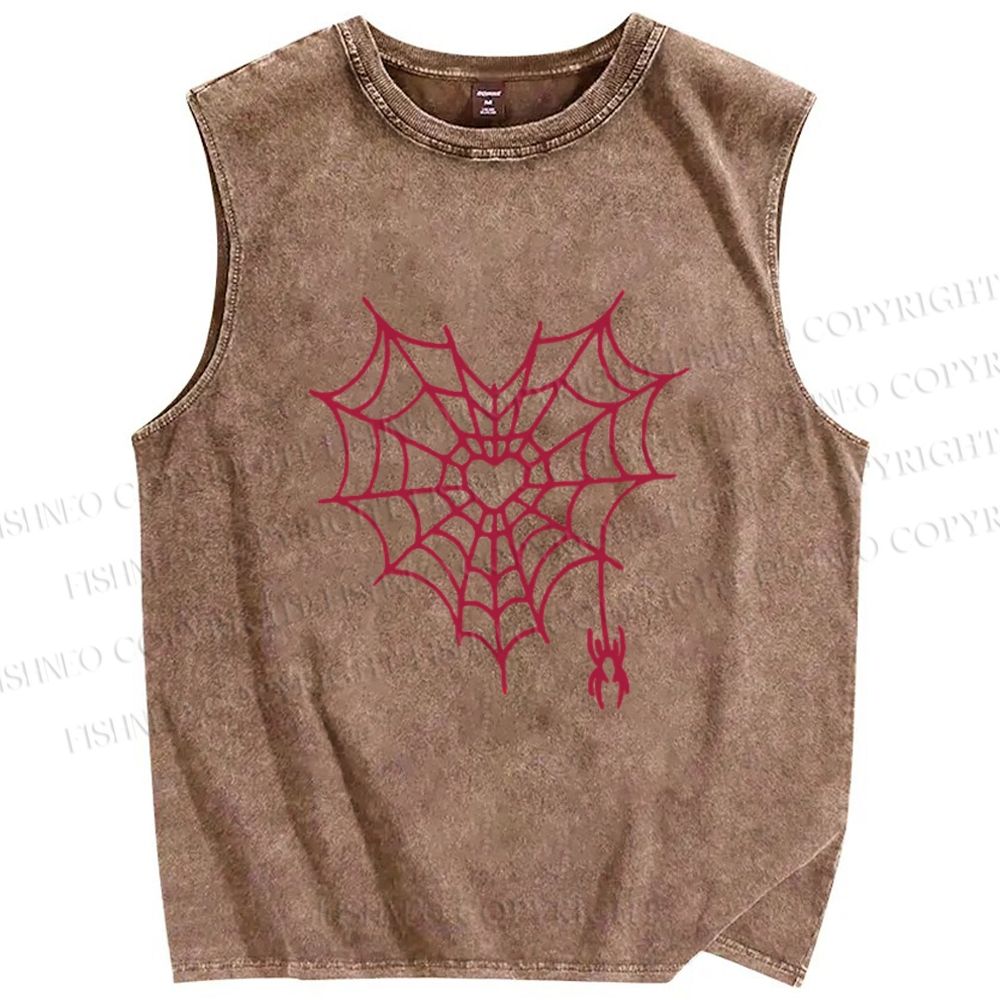Unisex Heart Spiderweb Printed Washed Tank Top