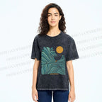 Unisex Blue Green Wave Printed Washed Tee