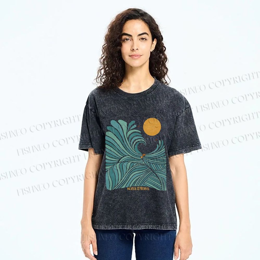 Unisex Blue Green Wave Printed Washed Tee