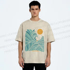 Unisex Blue Green Wave Printed Washed Tee