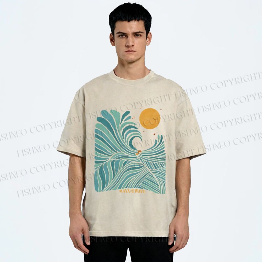 Unisex Blue Green Wave Printed Washed Tee