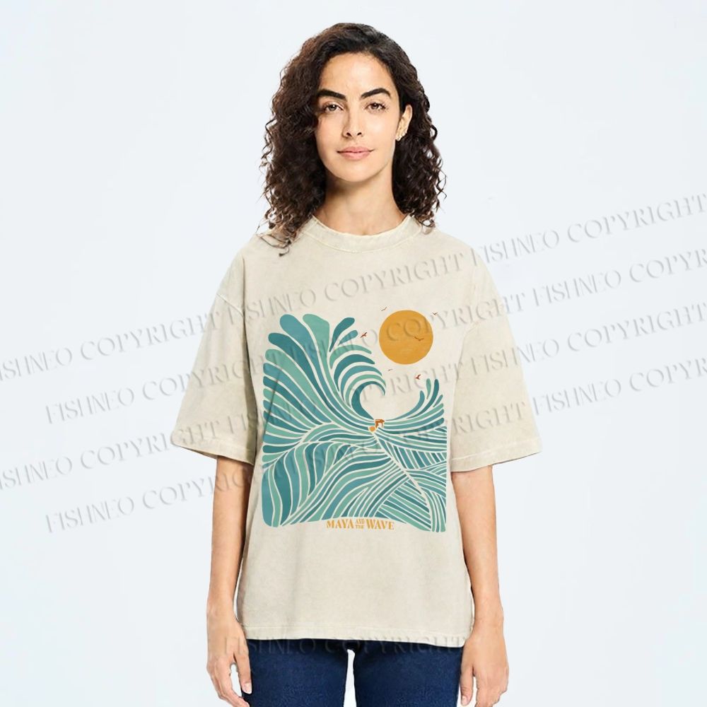 Unisex Blue Green Wave Printed Washed Tee