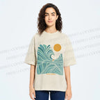 Unisex Blue Green Wave Printed Washed Tee
