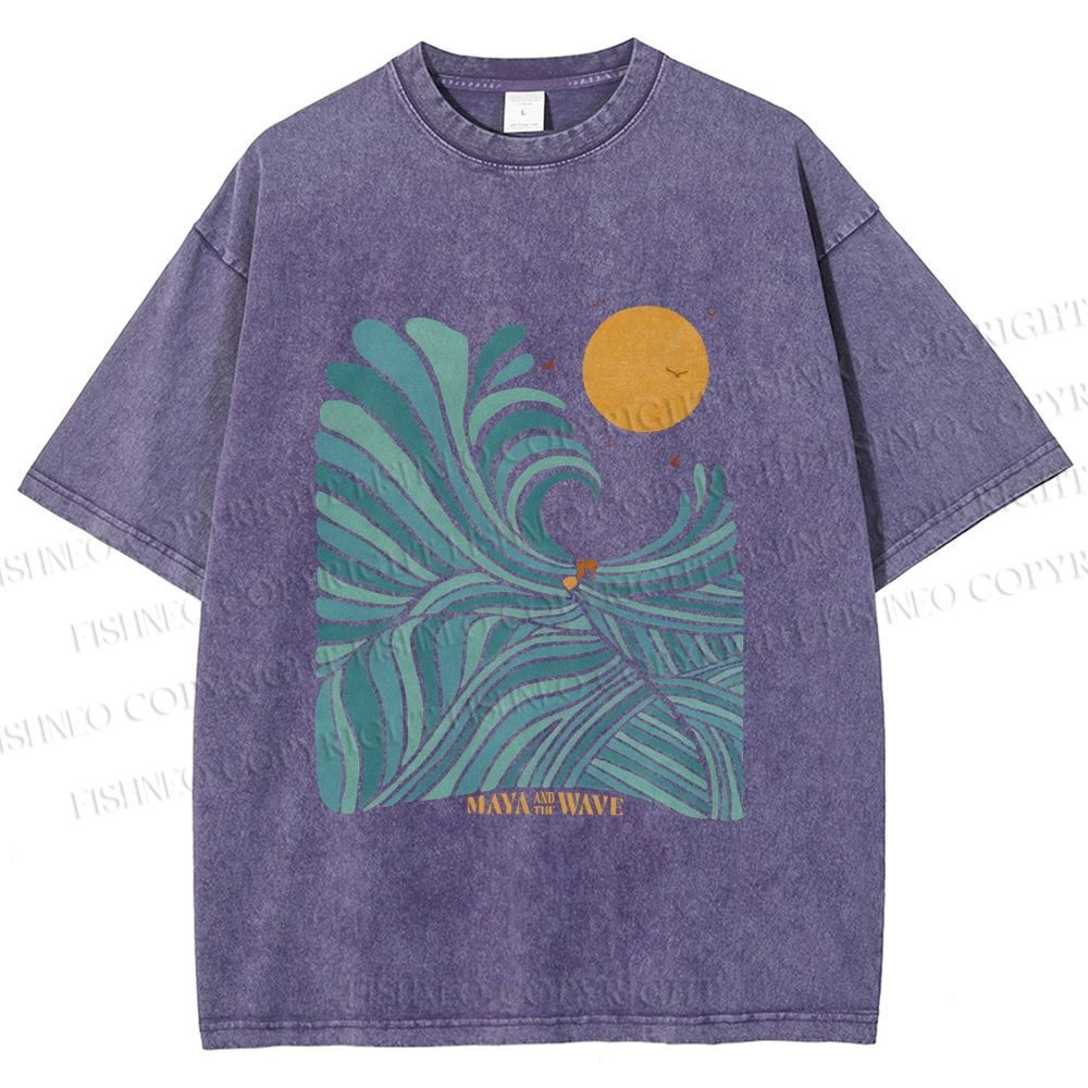 Unisex Blue Green Wave Printed Washed Tee