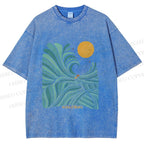 Unisex Blue Green Wave Printed Washed Tee