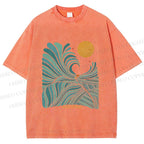 Unisex Blue Green Wave Printed Washed Tee