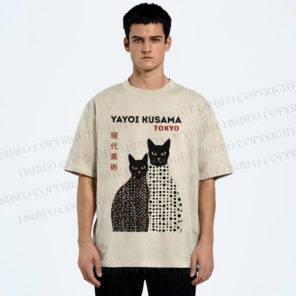 Unisex Yayoi Kusama Black Cats Printed Washed Tee