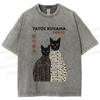 Unisex Yayoi Kusama Black Cats Printed Washed Tee