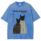 Unisex Yayoi Kusama Black Cats Printed Washed Tee