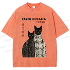Unisex Yayoi Kusama Black Cats Printed Washed Tee