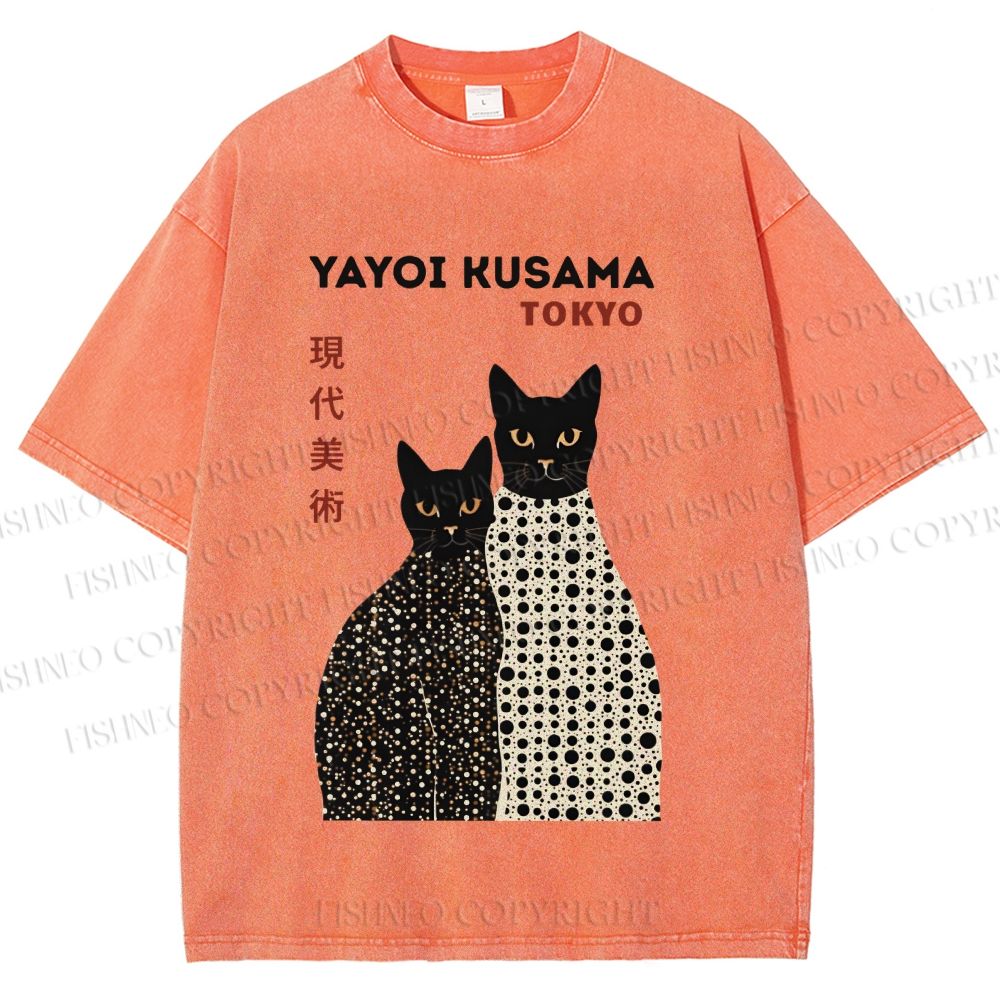 Unisex Yayoi Kusama Black Cats Printed Washed Tee